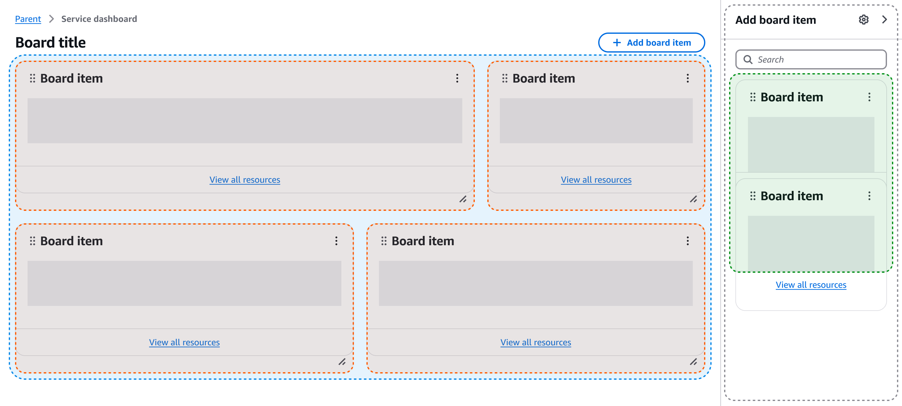 How the components work together. Board item inside a board, followed by a item palette inside a discreet split panel