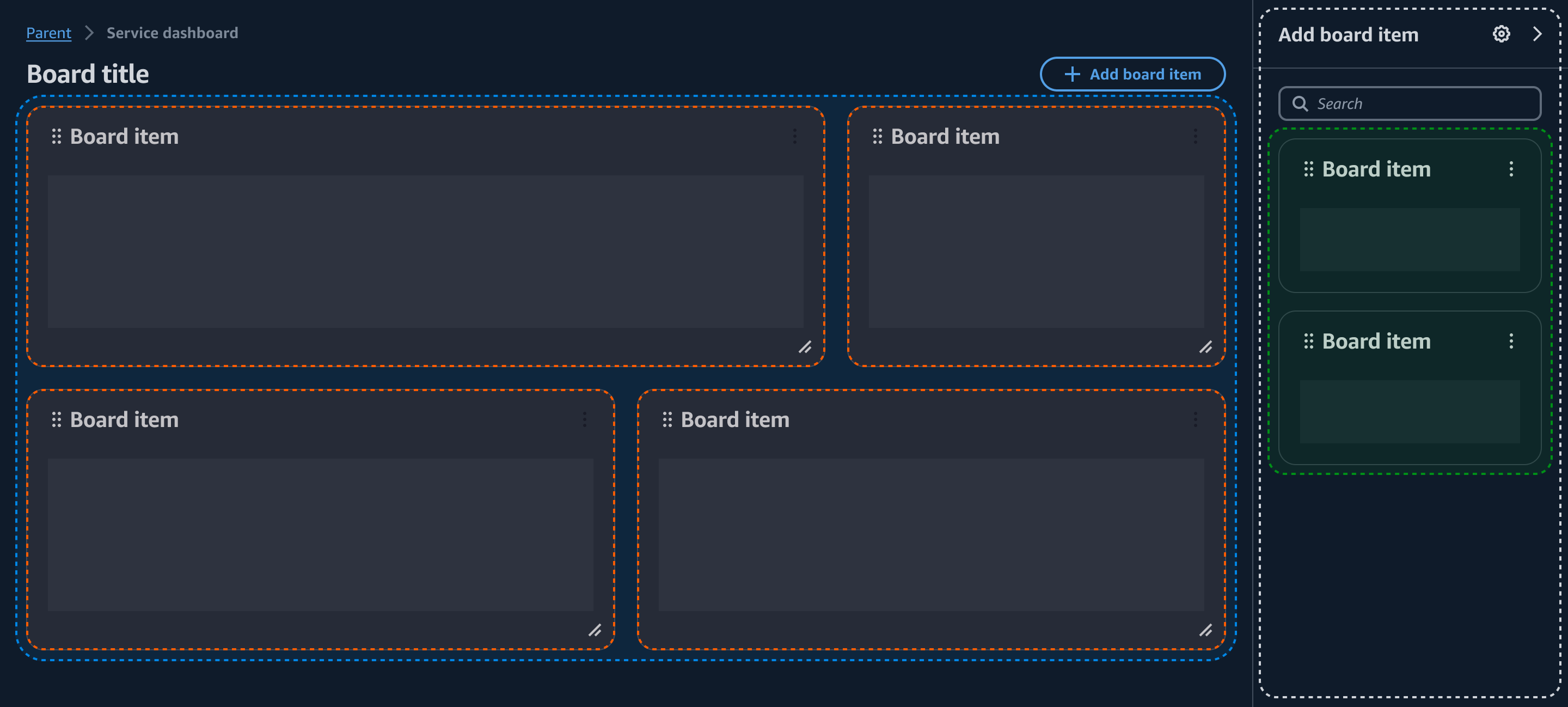 How the components work together. Board item inside a board, followed by a item palette inside a discreet split panel