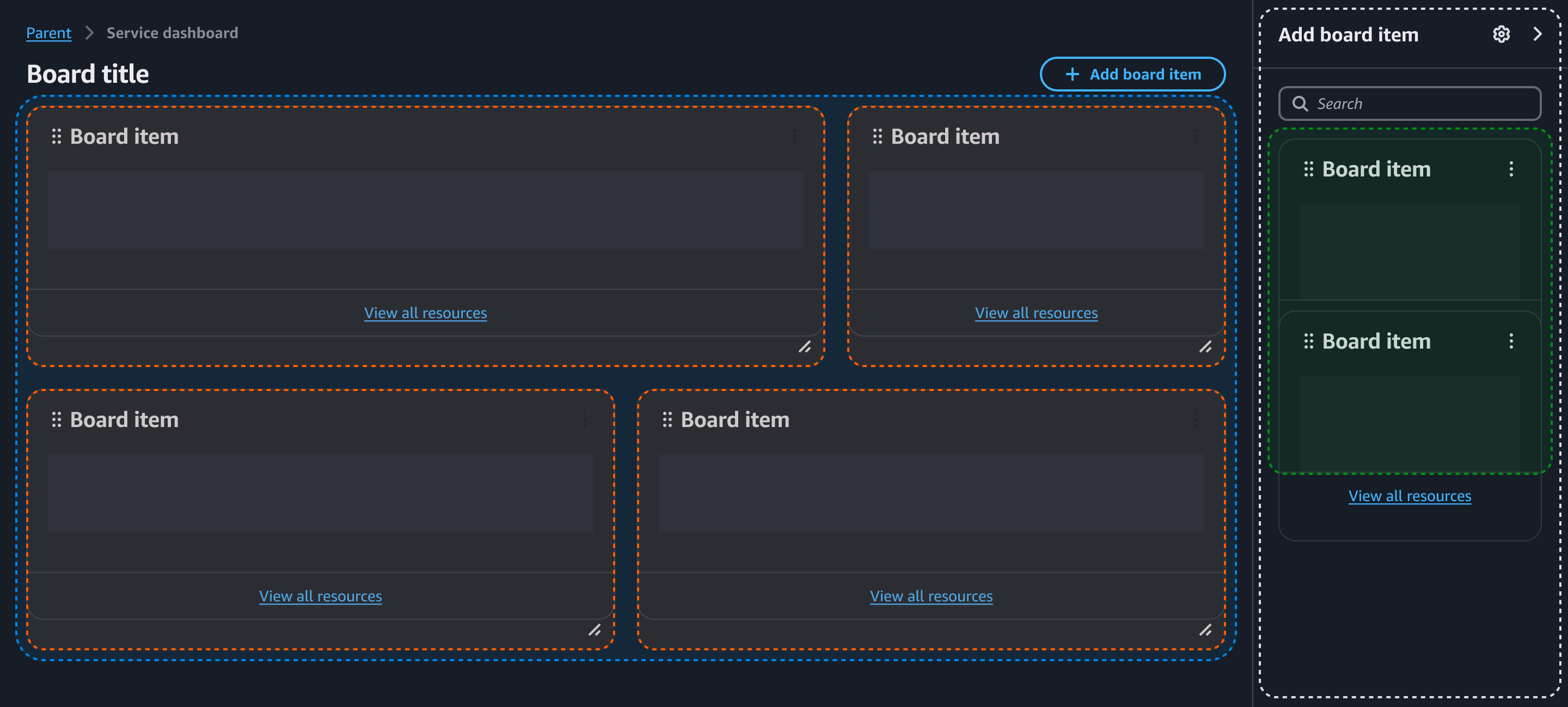 How the components work together. Board item inside a board, followed by a item palette inside a discreet split panel