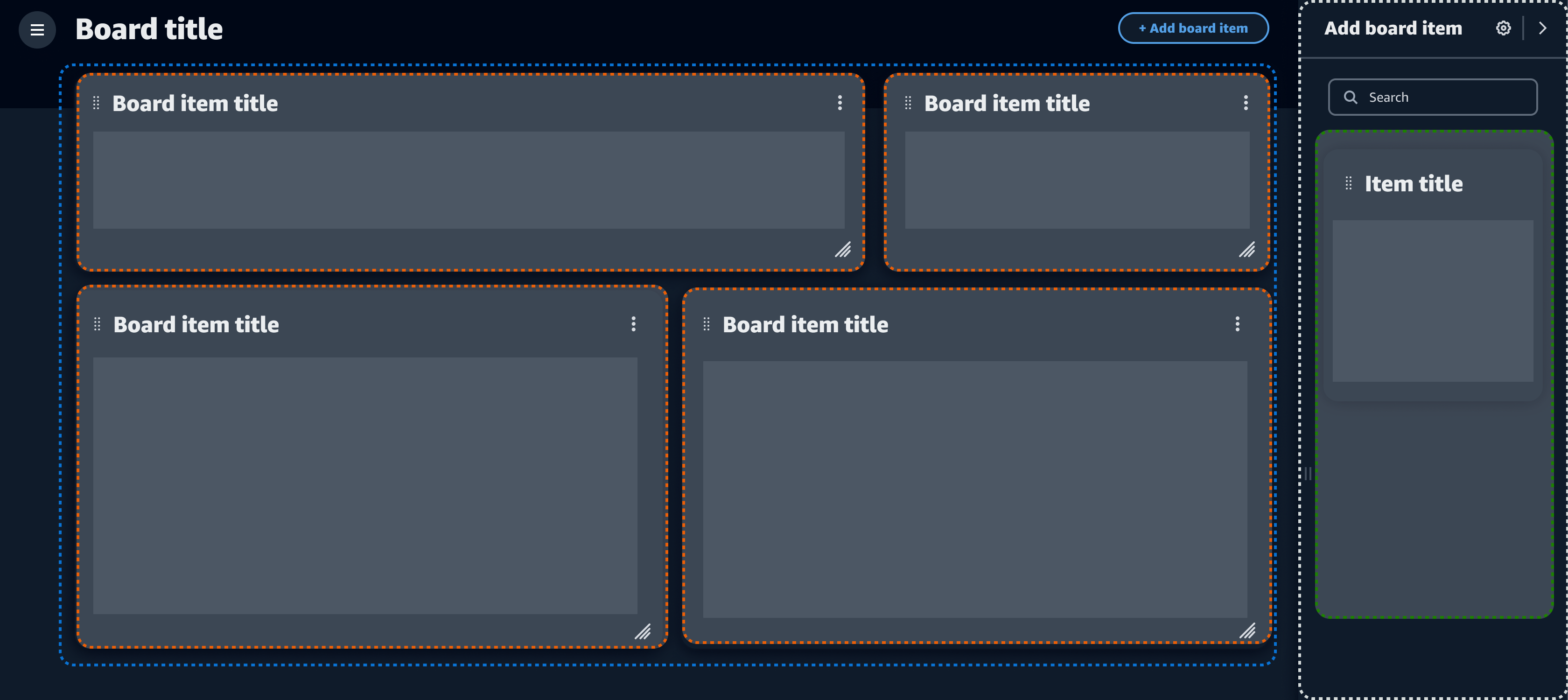 How the components work together. Board item inside a board, followed by a item palette inside a discreet split panel