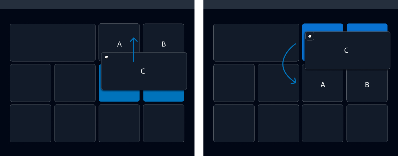 Image showing a large board item swapping position with two small board items of the same size.