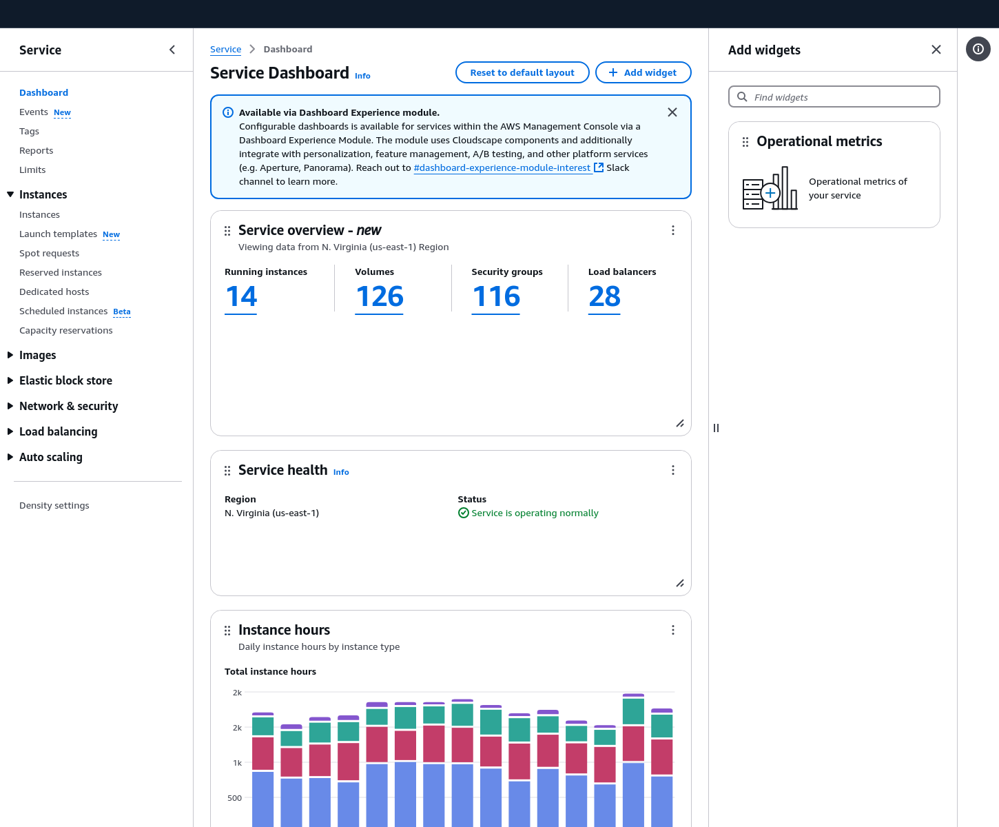 image showing the a configurable dashboard. The add widget panel is open.