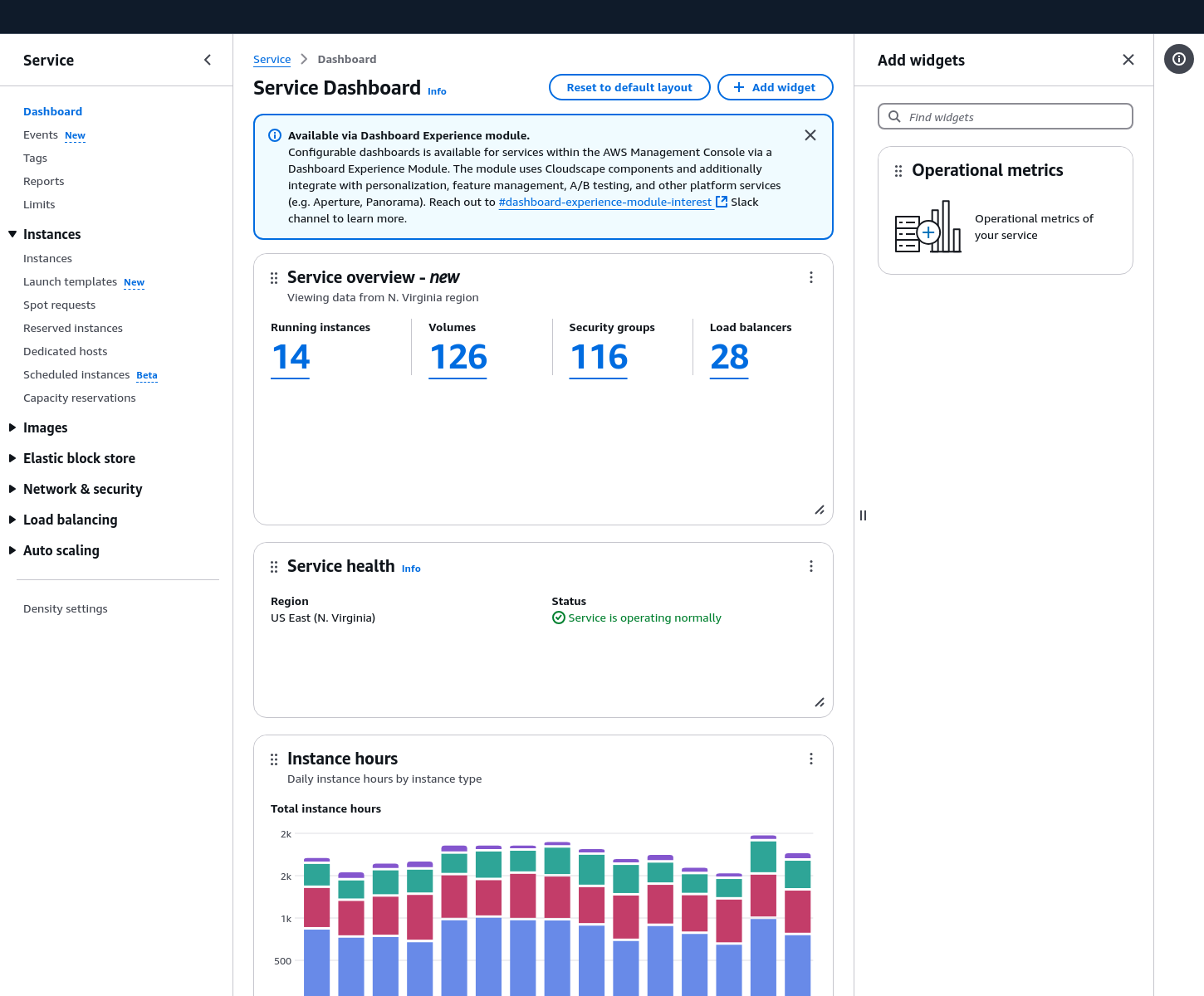 image showing the a configurable dashboard. The add widget panel is open.