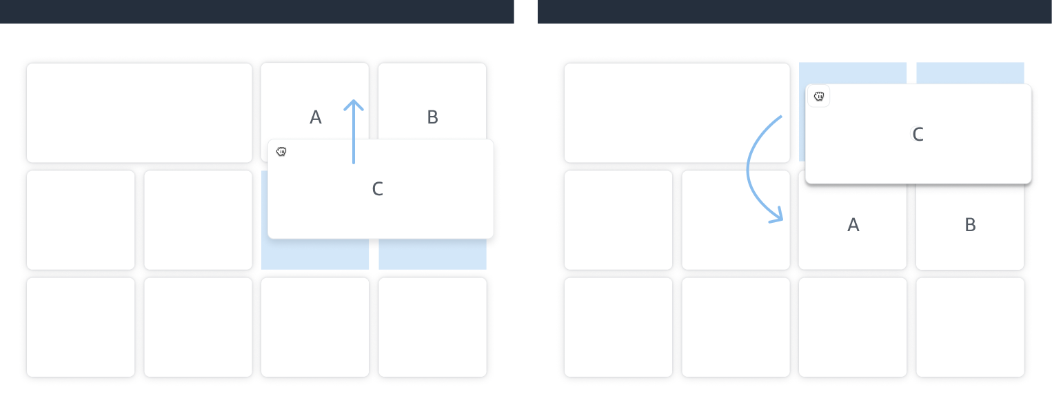 Image showing a large board item swapping position with two small board items of the same size.