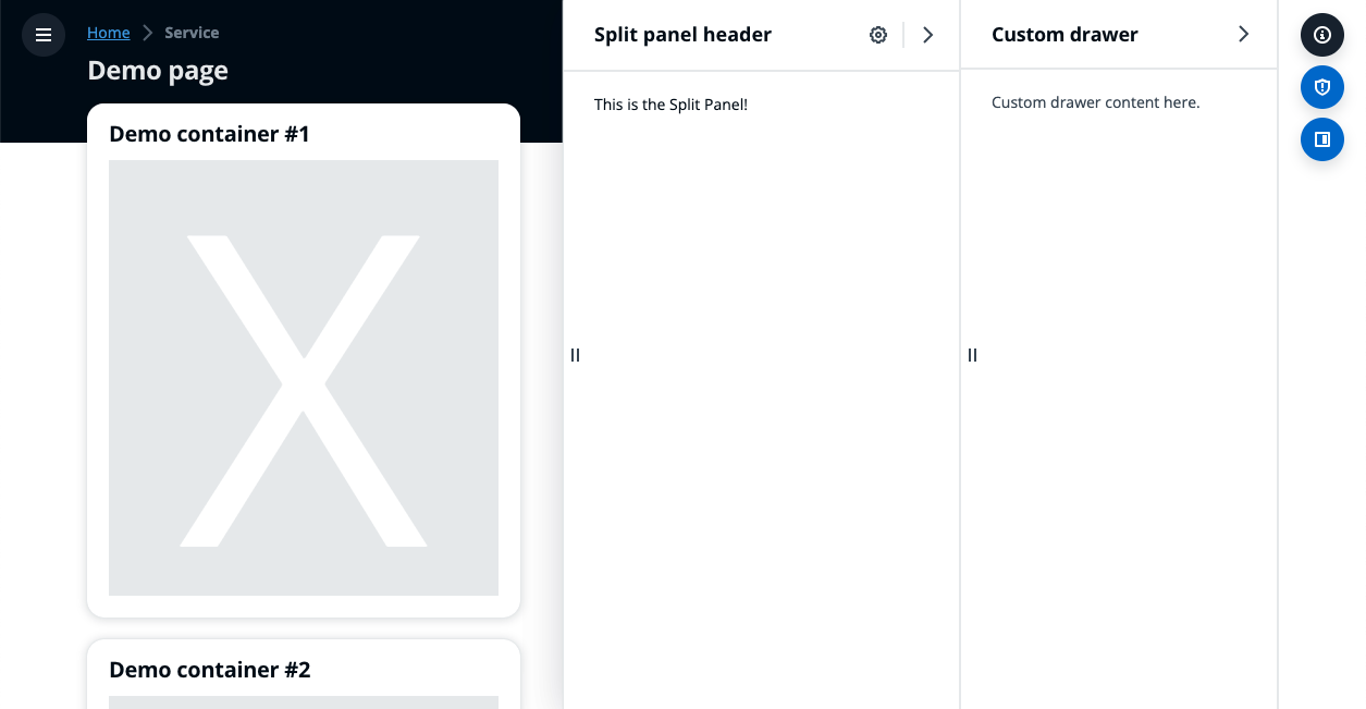 AppLayout in Visual Refresh with both a split panel in side position and drawer open.